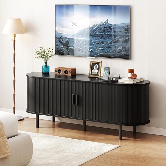 55" TV Stand with Power Outlet for TVs up to 60 Inch, Entertainment Center with Storage and Adjustable Shelves, Modern Media Console with Sliding Doors for Living Room, Black