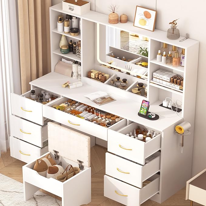 47 inch Large Vanity Desk w/ 7 Drawers,Cushion Stool,Outlet,6 Shelves,White Make up Vanity Table Set 3 Lighting Modes Brightness for Bedroom Dressing Room