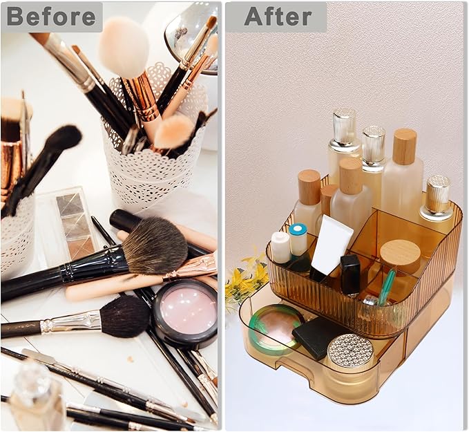 VOCOSTE 1 Set Makeup Organizer with Stackable Drawer, 7 Grids Makeup Organizer for Countertop Vanity, Skincare Organizers Cosmetic Display Cases, Amber Orange