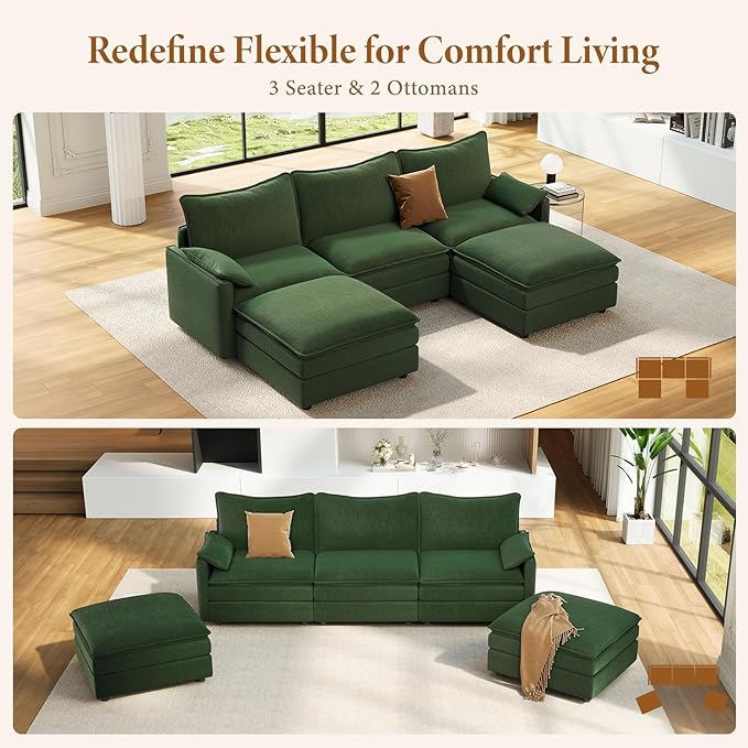 Vesgantti 108" U Shaped Sectional Couch, Comfy Cloud Modular Sectional Sofa with 2 Ottoman Deep Seat Chenille Modern Cloud Sofa, Modular Sofas for Living Room, Bedroom and Apartment, Green