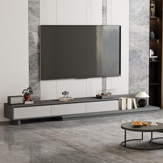 Mid-Century Modern Extendable TV Stand with Ample Storage for Living Room – Adjustable TV Cabinet from 78.7" to 130", 3-Drawer Entertainment Center, Grey