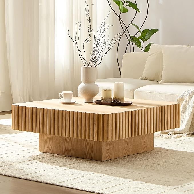 Square Coffee Table for Living Room, Accent Fluted Coffee Table with Storage, Modern Solid Wood Veneered Large Center Tea Table for Small Space Apartment (35.4''D×16''H-Natural)