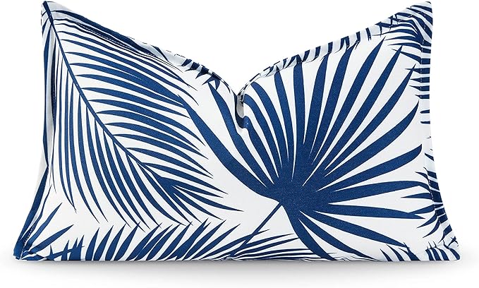 Hofdeco Premium Coastal Hampton Style Patio Indoor Outdoor Lumbar Pillow Cover Only, 12"x20" Water Resistant for Backyard, Couch, Navy Blue Palm Leaf