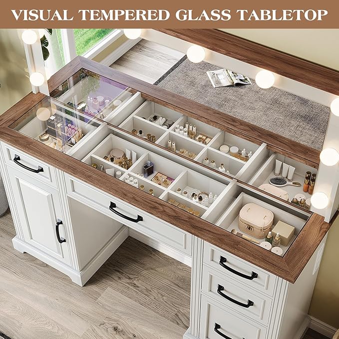 55'' Farmhouse Vanity Desk with Mirror and Lights, Large Makeup Table with Charging Station, Glass Tabletop & 5 Drawers, Rustic Dressing Table for Bedroom, Antique White