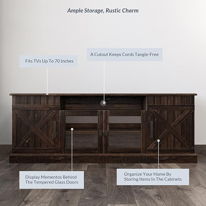 BELLEZE 65 Inch Modern Farmhouse Industrial Style Entertainment TV Stand for TVs Up to 70 Inches, Versatile Media Cabinet with Shelves and Storage - Veropeso (Espresso)