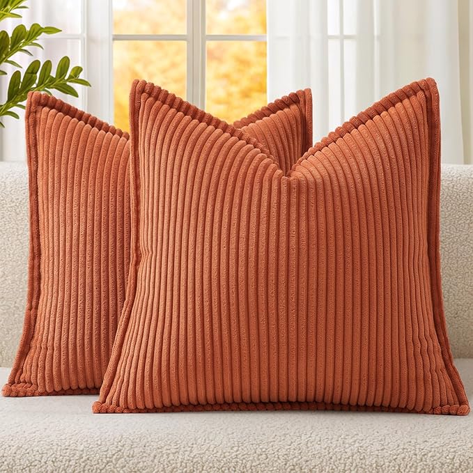Mecatny Corduroy Fall Throw Pillow Covers 16x16 Set of 2, Neutral Decorative Soft Burnt Orange Boho Couch Pillow Covers with Broadside for Sofa Living Room, Rust