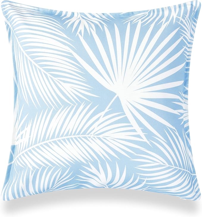 Hofdeco Premium Coastal Hampton Style Patio Indoor Outdoor Pillow Cover Only, 20"x20" Water Resistant for Backyard, Couch, Baby Blue Palm Leaf