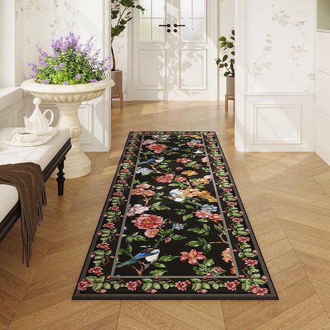 Runner Rug for Kitchen 2'6"x8' Washable Rugs with Rubber Backing Soft Floral Bird Magpies Floral Animal Carpet Runner for Kitchen, Laundry, Bedroom, Bathroom (Black)