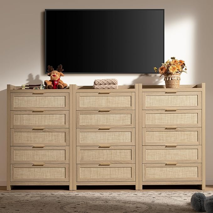 SICOTAS Dresser for Bedroom Chest of Drawers 46" Tall Dresser for Closet with 5 Rattan Drawers Boho Nightstands Set of 3 Large Clothes Storage Cabinet TV Stand for Living Room Hallway Nursery Entryway