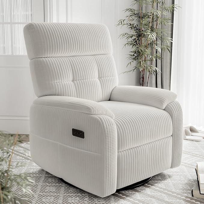 Claiks Power Swivel Rocker Recliner Chair, Oversized Recliner Chairs for Adults, Corduroy Overstuffed Reclining Chair with USB and Type-C Ports for Living Room, White