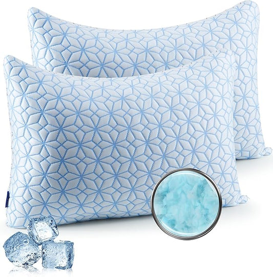 puredown Standard Pillows Set of 2, Cooling Pillow Full Size 2 Pack, Adjustable Shredded Memory Foam Pillows for Side Back Stomach Hot Sleepers, Ice Blue