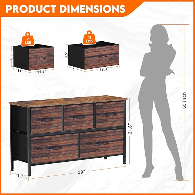 Dresser for Bedroom with 5 Drawers, Chest of Drawers, Storage Drawers Organizer Unit, Black Wide Fabric Dresser with Fabric Bins for Closet, Living Room, Bedroom (Brown and Rustic Brown)