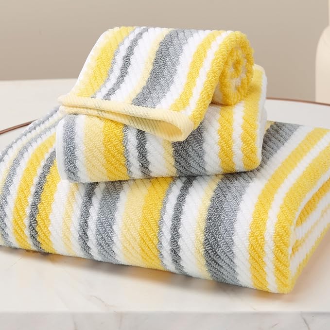 Bath Towels with Hanging Loops, 3PC Striped Towels - 100% Cotton, Quick Dry, Soft, Absorb & Lightweight, 1 Bath 28"x52", 1 Hand 16"x27", 1 Washcloth 13"x13", Shower Towel Decorative Set, Yellow + Gray