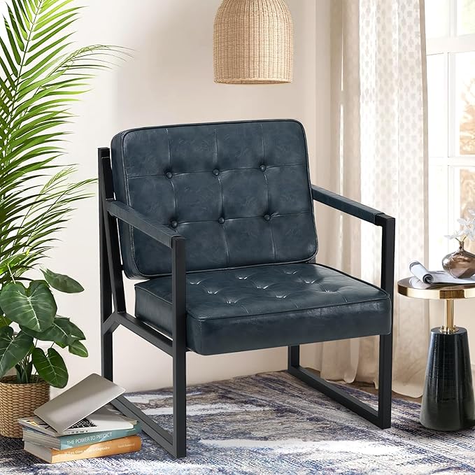 COLAMY Modern Accent Chair, Accent Arm Chair for Living Room, Comfy Leather Armchair with Metal Legs for Bedroom Reception Waiting Room, Blue