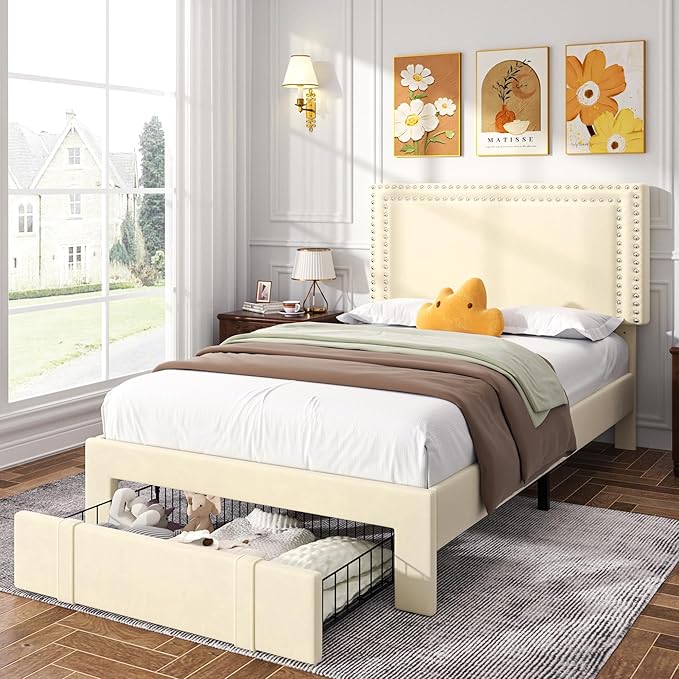 VECELO Twin Platform Bed Frame with Storage Drawer, Adjustable Velvet Rivet Decor Headboard, Wooden Slats Support, No Box Spring Needed, Easy Assembly