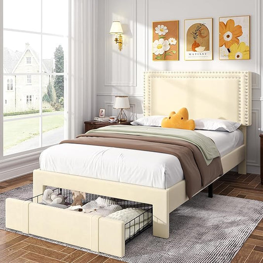 VECELO Twin Platform Bed Frame with Storage Drawer, Adjustable Velvet Rivet Decor Headboard, Wooden Slats Support, No Box Spring Needed, Easy Assembly