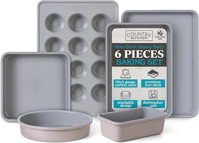 Country Kitchen Nonstick Stackable Bakeware Set - Durable, Easy Release Baking Set, Taupe, 6 Pcs