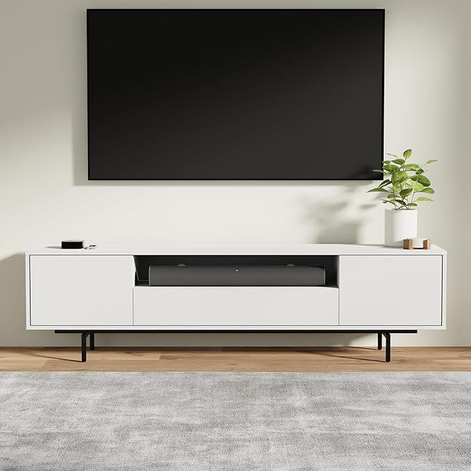 Norrhaus 75-Inch Modern TV Stand – White Finish, 20-Inch Height, No Tools Assembly Technology, Storage Cabinets with Center Channel Speaker Shelf, Mid-Century Modern Design