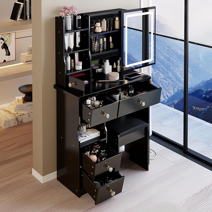 29.2" Small Vanity Desk with Mirror and Lights, Makeup Table with 2 AC+2 USB Power Station, Hair Dryer Bracket, Vanity Set with 5 Drawers and Stool for Small Space Bedroom, Black