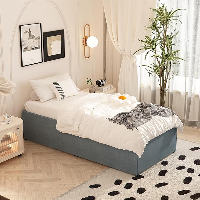 Twin Bed Frames with Fabric Cover 18 Inch, Heavy Duty Metal Bed Frame Twin, No Box Spring Needed, Support Up to 2500 lbs, Easy Assembly, Noise Free, Black