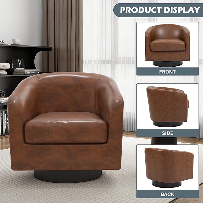 UIXE Swivel Accent Chairs Set of 2, PU Leather Barrel Club Chair Upholstered Armchair for Living Room, Round Arm Chair Bedroom Single Sofa Reading Seat - Coffee Brown