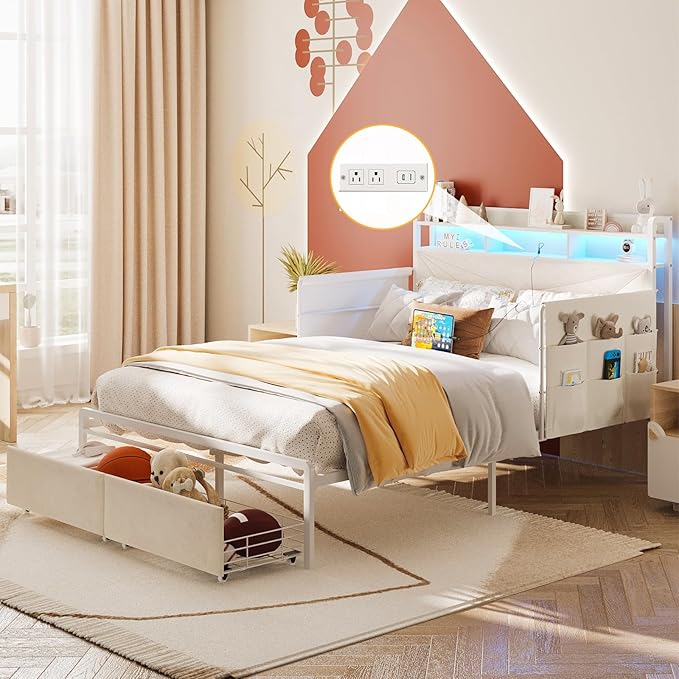Maupvit Full Bed Frame with Storage Headboard and Drawer,Upholstered Platform Bed Frame with LED Lights & Charging Station,Full Size Bed with Guardrail,No Box Spring Needed,Beige