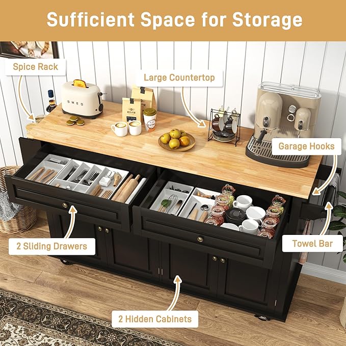 63" Movable Kitchen Island with Drop Leaf and Power Outlet, Rolling Island Cart w/Storage Cabinet, Island Table on Wheels for Kitchen w/2 Drawers, Spice Rack, Towel Bar, Garage Hook, Black