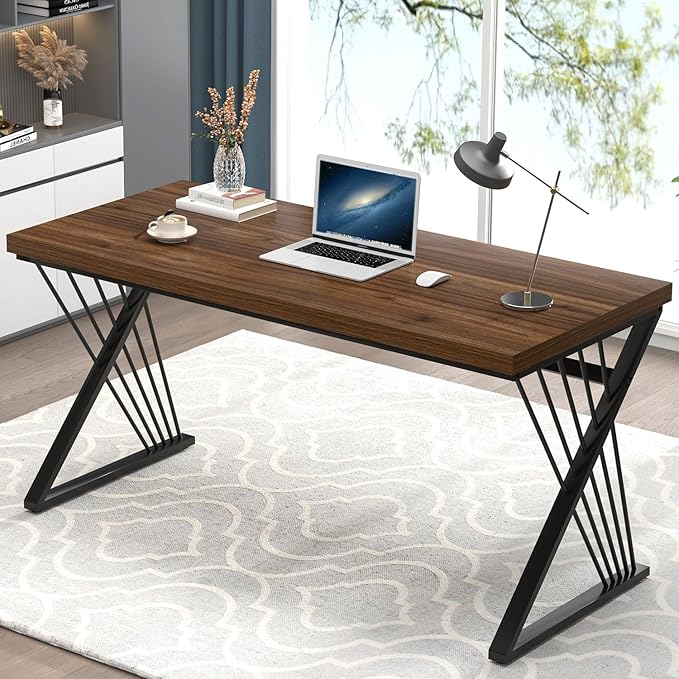 FOLUBAN Office Desk, Modern Wood and Metal Home Desk, Writing Study Work Desks for Bedroom, Industrial PC Gaming Table for Living Room, Walnut, 60 Inch