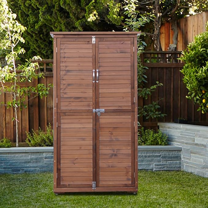 Outdoor Storage Cabinet, Wood Garden Shed, Pool Storage Shed with Lockable Door, Waterproof Roof and 2 Removable Shelves, Vertical Outside Storage Shed for Patio, Backyard, Carbonized Black