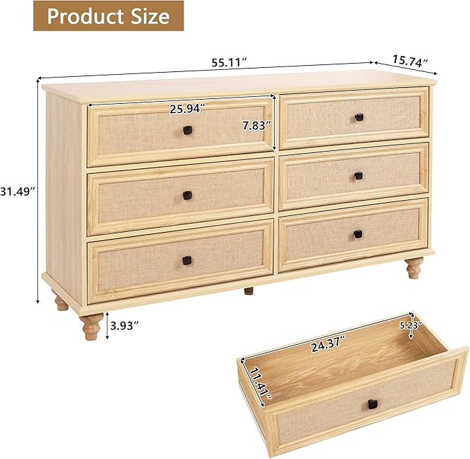 ORRD 6 Drawer Dresser for Bedroom, Mid Century Modern Wide Wood Rustic Chest of Drawers Wooden Storage Organizer Dressers with Burlap Rattan Drawers for Living Room, Hallway Closet, Entryway, Natural