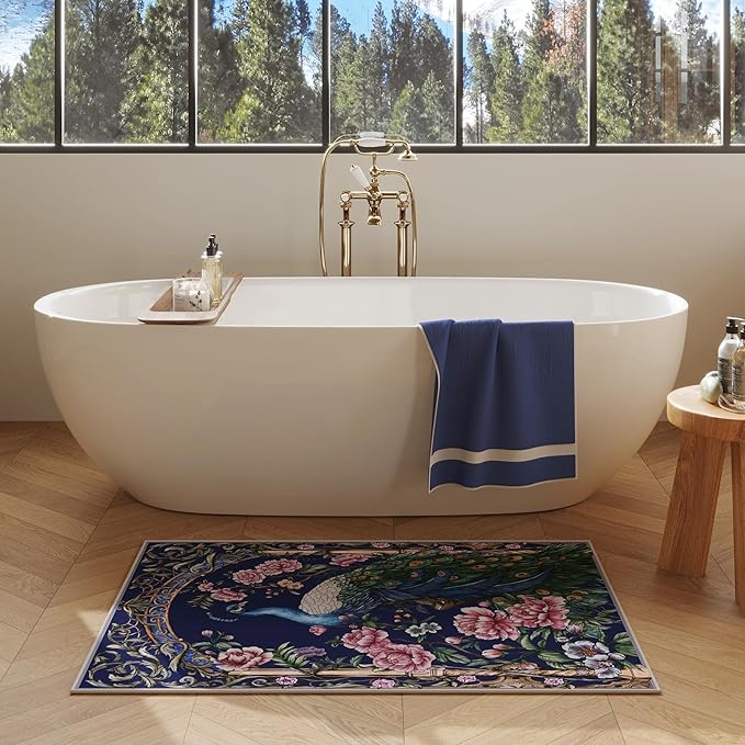 Door Mat Indoor Entrance 2x3 Rug Machine Washable Floral Peacock Animal Small Area Rug Non-Slip Low Pile Throw Rugs for Entryway, Kitchen, Front Door, Entry, Kids Room (Cobalt Blue)