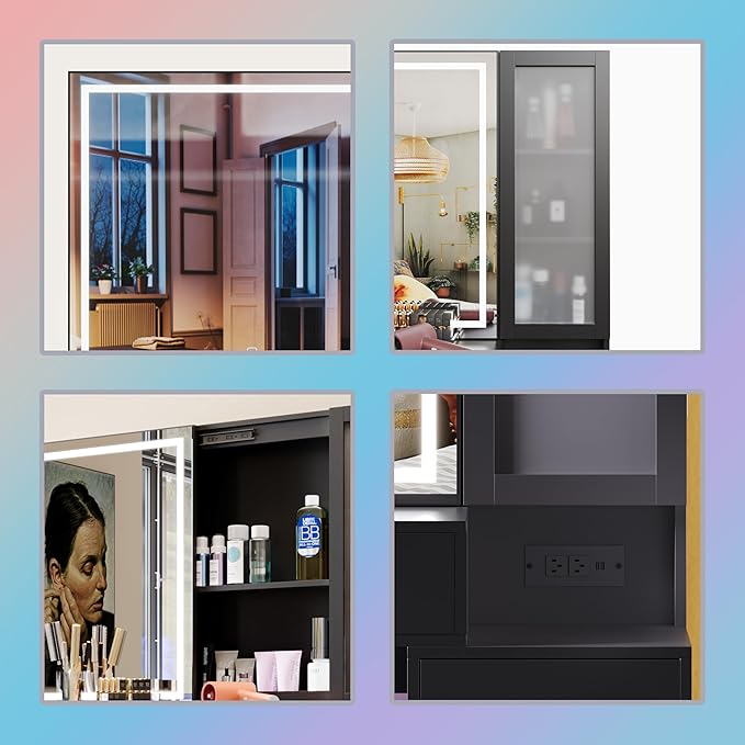 Vanity Set with Lighted Mirror and Charging Station, Extra Large Mirror Makeup Vanity Table with Cushioned Stool,5 Drawers, Modern Vanity Table with Nightstand (Black, Large)