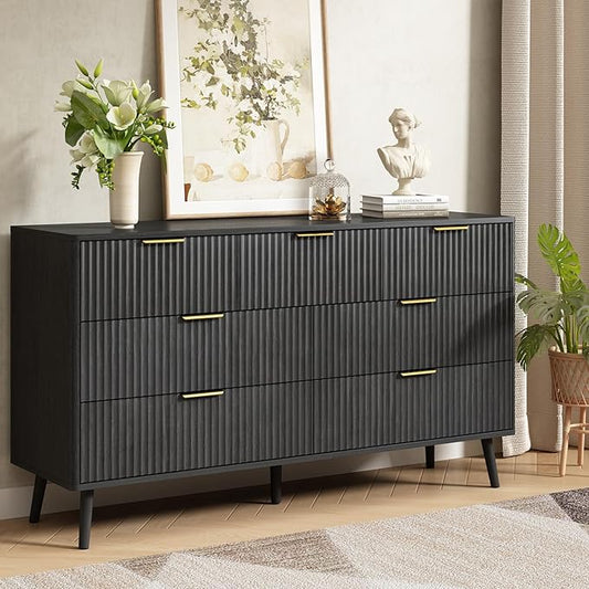 CARPETNAL Fluted 7 Double Drawers Black Dresser for Bedroom, 55”Wide Modern Chest of Drawers with Deep Drawers,Wood Drawer Organizer for Bedroom Living Room, Hallway, Black