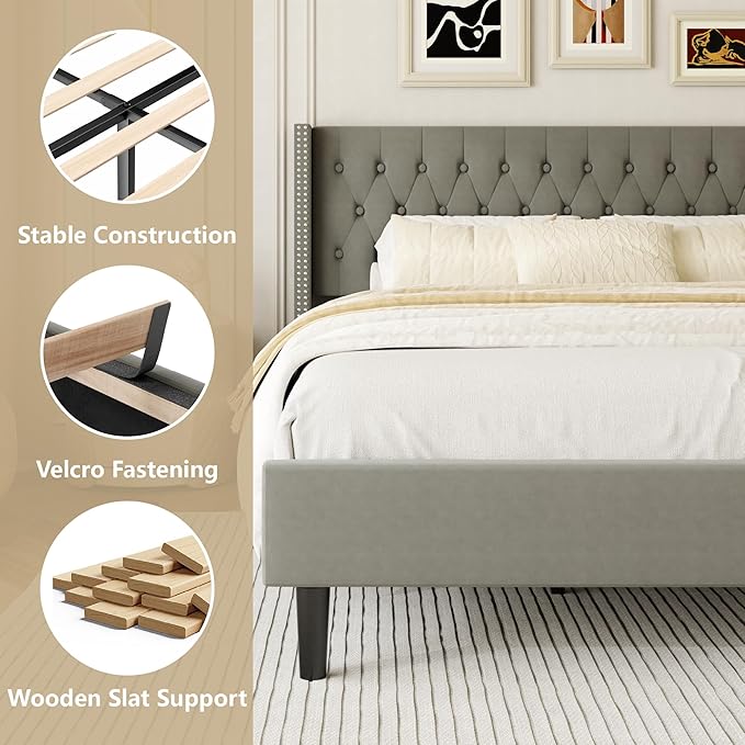 Full Size Bed Frame, Upholstered Platform Bed with Wingback Headboard, Velvet Button Tufted, Easy Assembly, No Box Spring Needed, Green