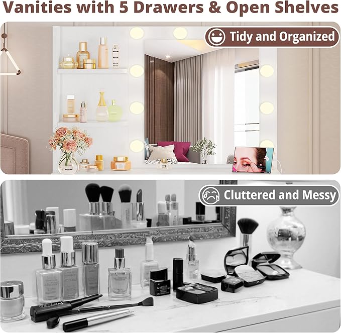 IRONCK Vanity Desk with Mirror and Lights, Small Makeup Vanity Table with 5 Drawers, Power Outlet, and Vanity Stool, 3 Lighting Colors, Dressing Table for Women Girls Bedroom, White