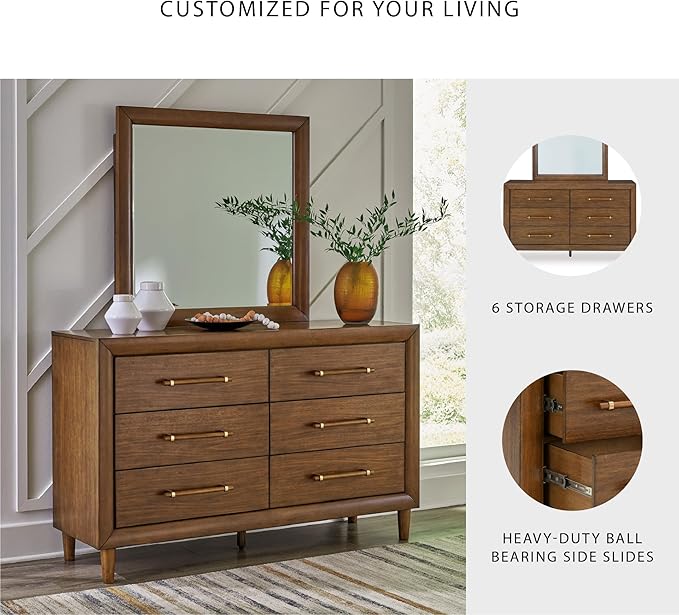 Signature Design by Ashley Lyncott Mid-Century Modern 6-Drawer Dresser and Mirror with Safety Stop and Felt-Lined Top Drawer, Light Brown