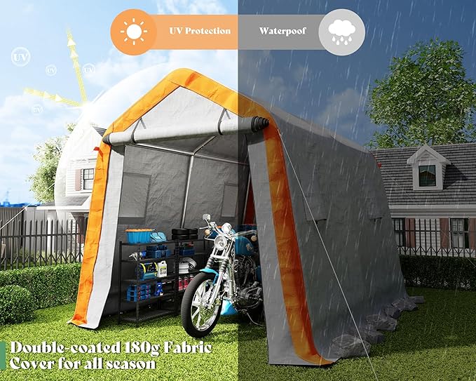 AMERLIFE 8x10x8 FT Heavy Duty Portable Shed Storage Shelter, Outdoor Storage Shed with 4 Waterproof Windows & Roll-Up Zipper Door, Carport for Motorcycle, Bike, Gray