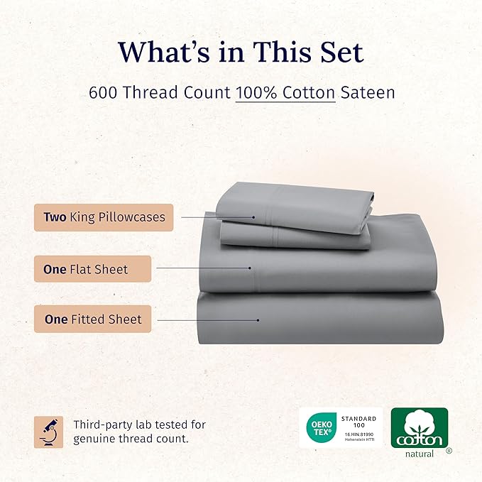 California Design Den California King Sheet Set - 100% Cotton, 600 Thread Count Deep Pocket Cal King Sheet Set, Luxury Hotel-Quality Sheets with Soft Sateen Weave - Mist Grey