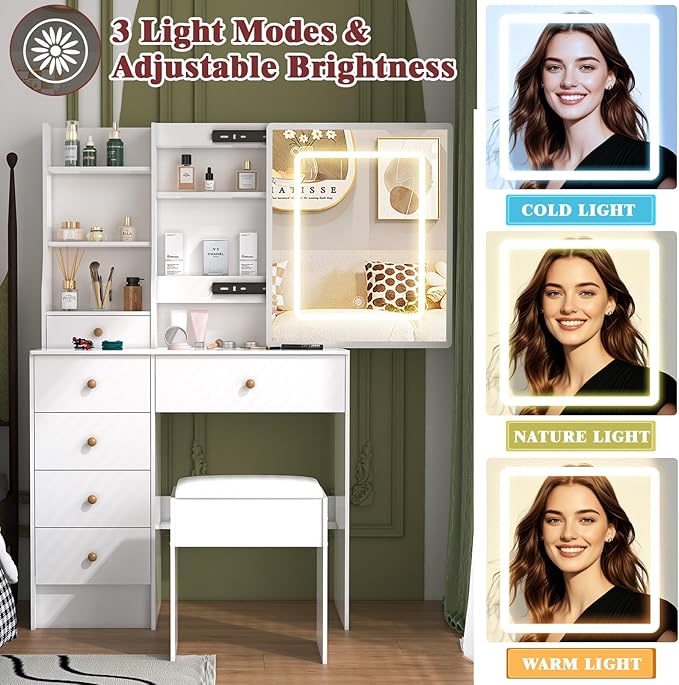 Vanity Desk with Sliding Mirror and LED Lights, Small Makeup Vanity Table Set with Chair and Drawers, White Vanity with Lighted Mirror for Bedroom, Dressing Table for Teen Girls and Women