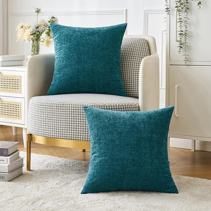 MIULEE Pack of 2 Dark Teal Throw Pillow Covers 16x16 Inch Soft Chenille Pillow Covers for Sofa Living Room Couch Solid Dyed Cases