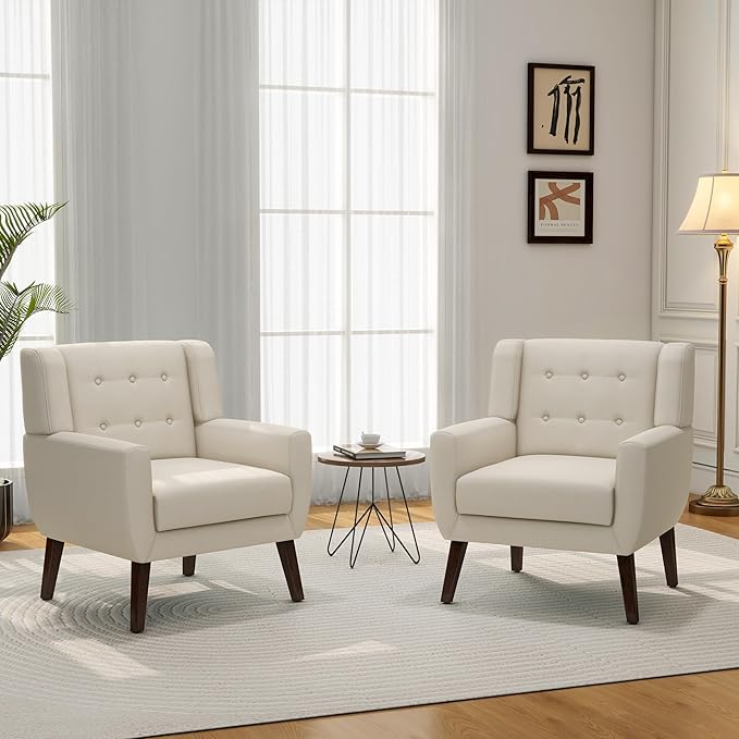 Accent Chair, Mid-Century Modern Fabric Chairs with Arms for Living Room, Comfy Upholstered Club Single Sofa Armchair for Bedroom Waiting Room with Solid Wood Frame (Fabric White, Set of 1)