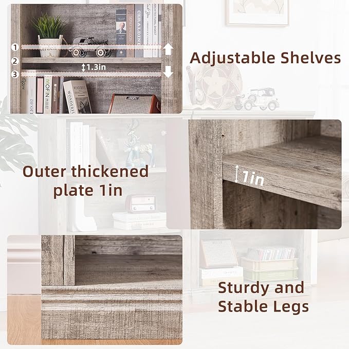 43" Grey Tall Bookshelf,3-Tier Thick Wooden Book Shelf with Adjustable Shelves,Free Standing Farmhouse Bookcase with Open Display Storage,Floor Vintage Bookshelves for Living Room,Office