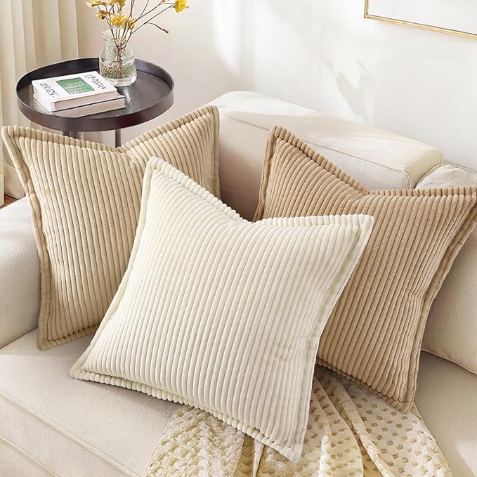 decorUhome Corduroy Cream White Throw Pillow Covers 26x26 Set of 2 Decorative Soft Boho Striped Neutral Euro Farmhouse Couch Pillow Covers with Broadside for Living Room Bed Sofa