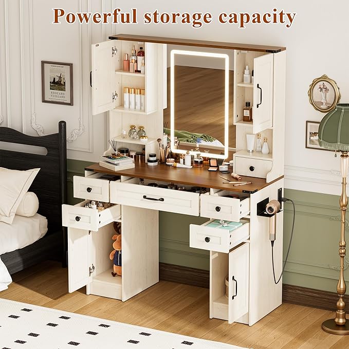 KAMABOKO Farmhouse Vanity Desk with Mirror and Lights, Large Makeup Vanity with 6 Drawers and 4 Storage Cabinets, 3 LED Lights Modes, White Dressing Table Set for Girls Bedroom