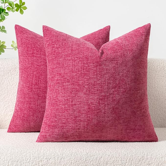 MIULEE Pack of 2 Couch Throw Pillow Covers 18x18 Inch Soft Hot Pink Chenille Pillow Covers for Sofa Living Room Solid Dyed Pillow Cases