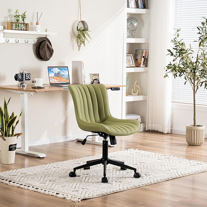 YOUNIKE Ergonomic Home Office Desk Chair with Wheels Comfy Armless Criss Cross Chair with Back Adjustable Modern Leather Upholstered Swivel Vanity Chair Small Cute Rolling Task Chair Avocado Green