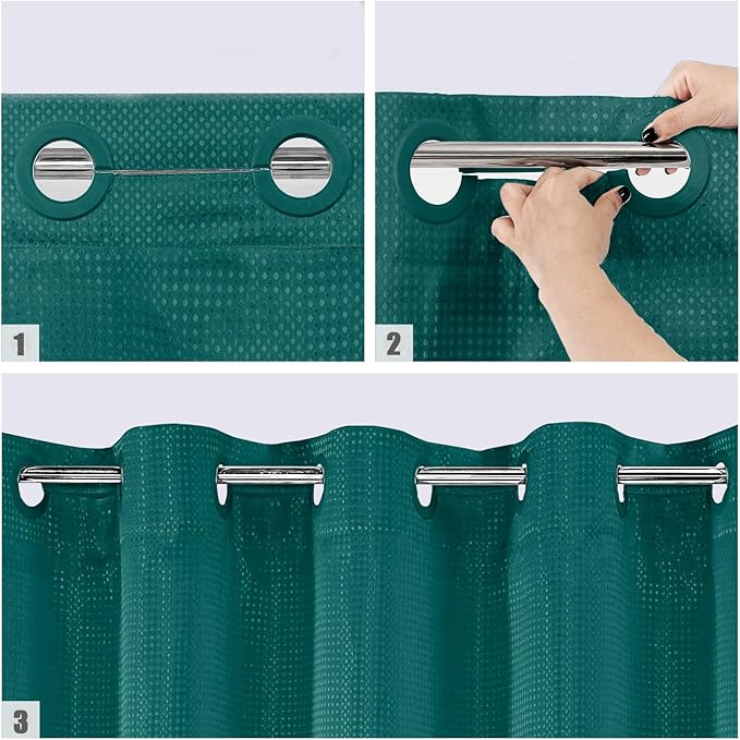 MitoVilla No Hooks Needed Dark Green Waffle Shower Curtain with Snap-in Liner, Modern Waffle Weave Fabric Cloth Shower Curtain for Luxury Neutral Hotel Spa Bathroom Decor, 72 x 74, Seaweed Green