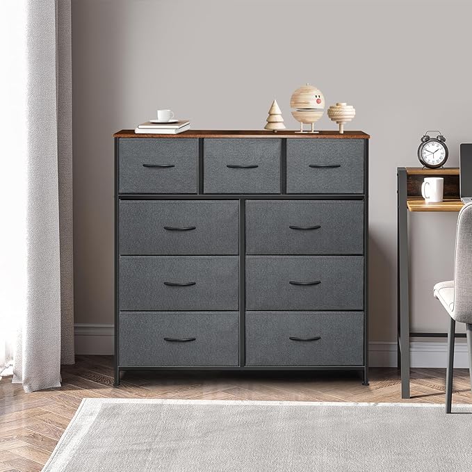Dresser for Bedroom with 9 Drawers, Chest of Drawers, Storage Drawers Organizer Unit, Grey Wide Fabric Dresser with Fabric Bins for Closet, Living Room, Entryway (Grey and Rustic Brown)