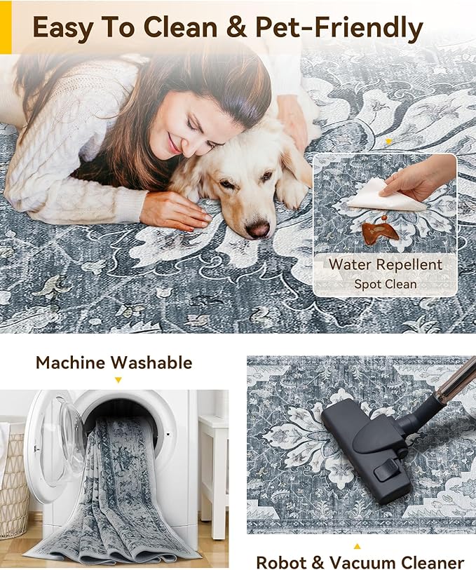 Area Rugs 8'x10' Washable Non-Slip, Floral Vintage Distress Print Pattern Medallion Carpet for Living Room Bedroom Dining Room, Light Gray Grey White