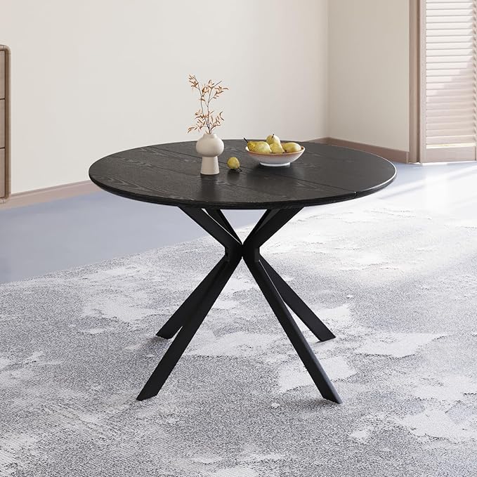 46.4" Round Dining Table Set with 4 Chairs, Modern Dining Set with Comfortable PU Leather Chairs, Sturdy MDF Table with X-Shaped Base, Easy Assembly, Ideal for Dining Room or Kitchen